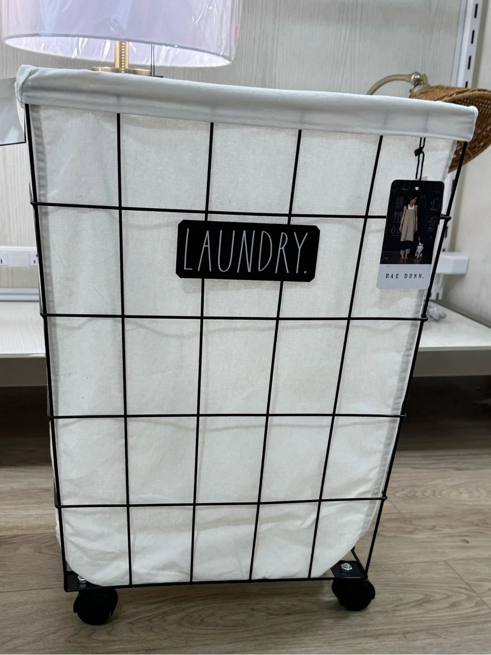 NWT Rae Dunn “Laundry” Rectangular Blk Wire Laundry Basket Hamper Cart w/Wheels